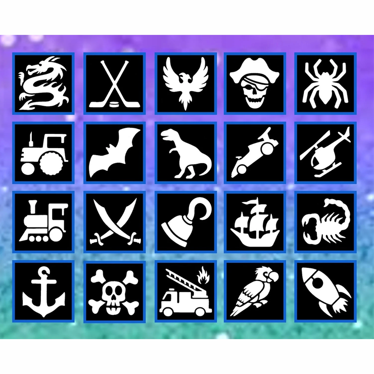 Boy Stencil Pack – Adventure-Inspired Glitter Tattoo Designs